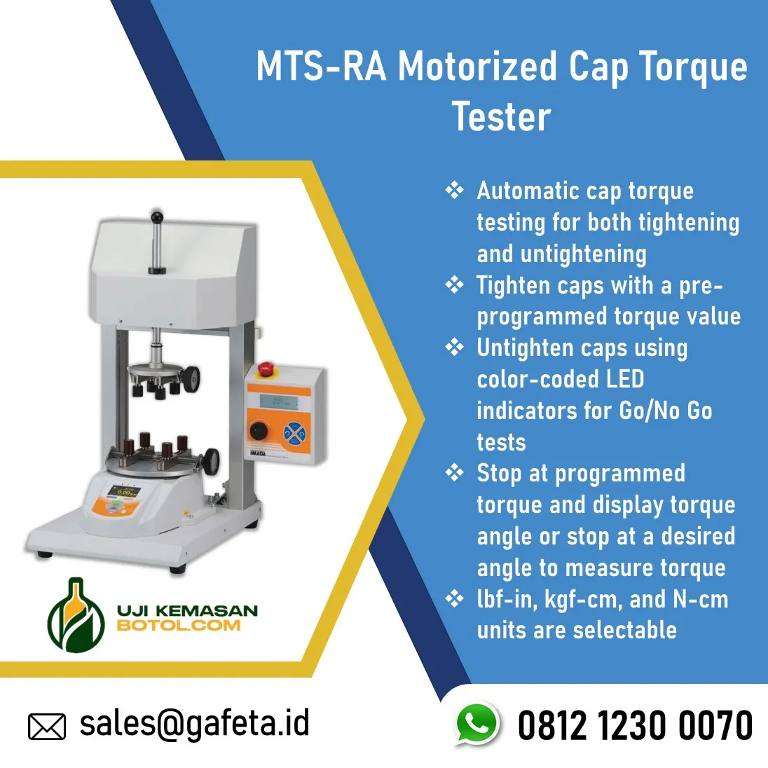 Jual Motorized Cap Torque Tester MTS-RA: Uji Torsi Tutup Buka Botol