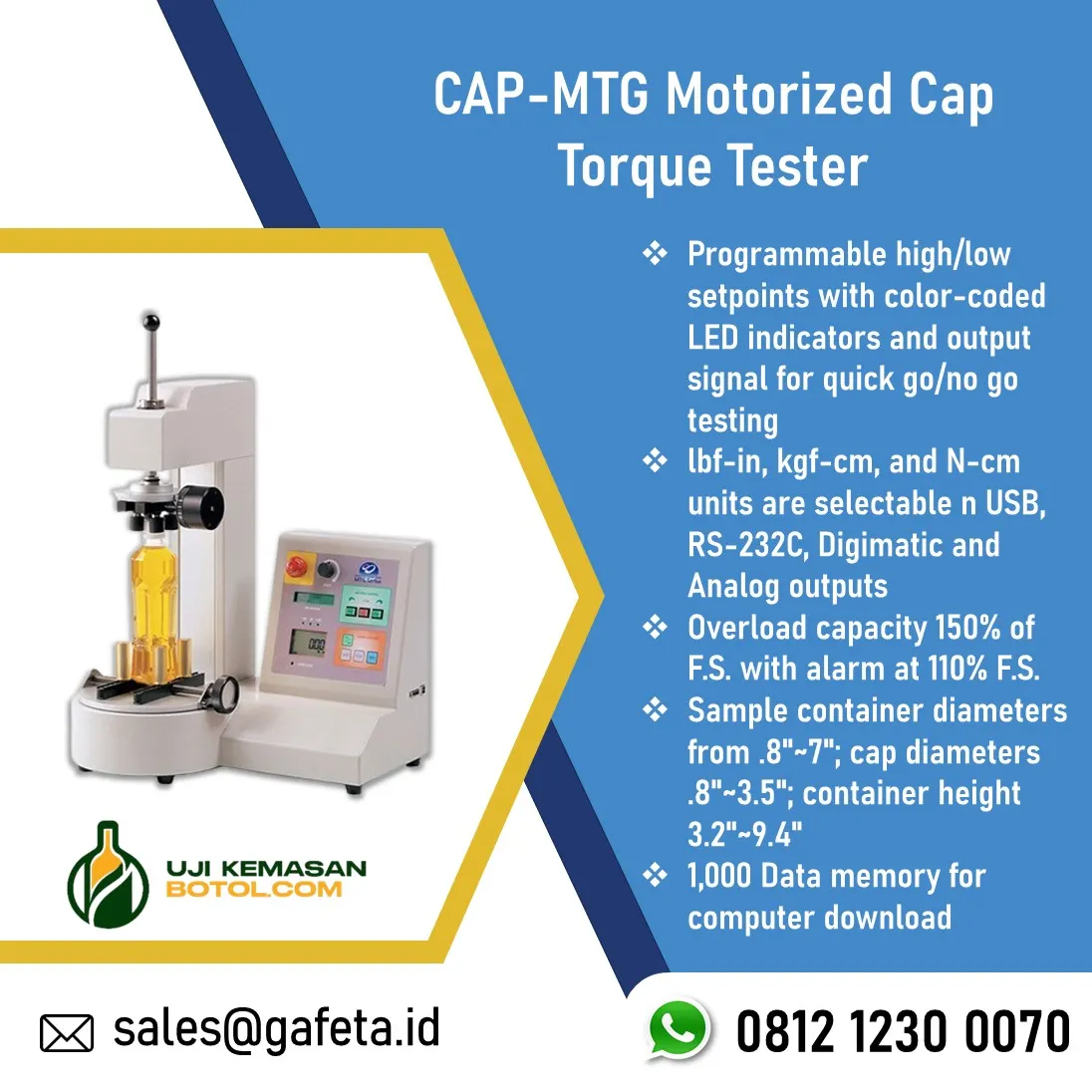 Jual Motorized Cap Torque Tester CAP-MTG untuk Uji Torsi